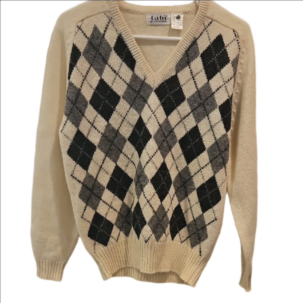 TABI INTERNATIONAL Vintage Pullover 100% Pure Virgin Wool Argyle Preppy Womens L